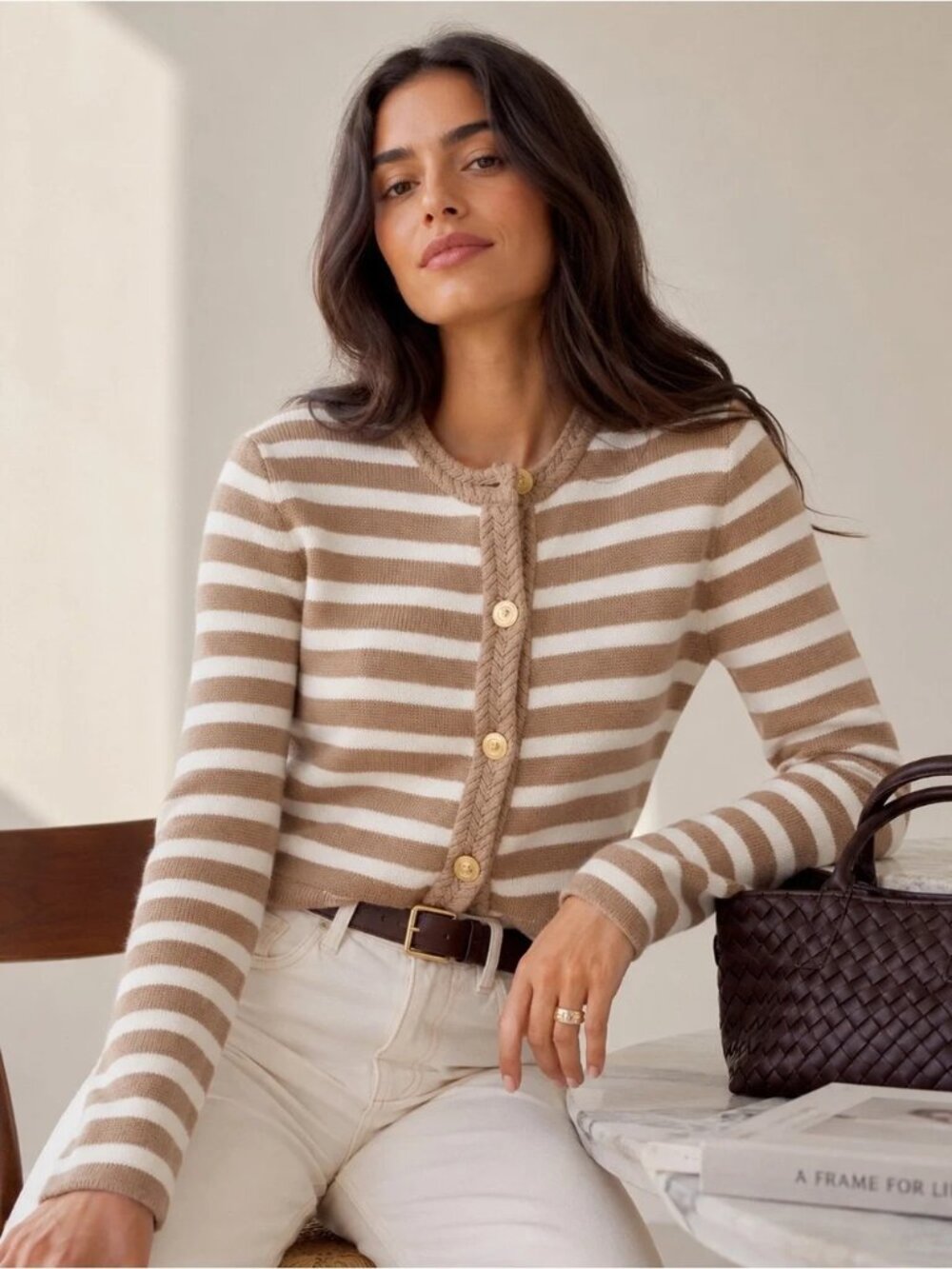 J. Crew Factory Beige Striped Cotton Lady Jacket Cardigan Sweater Size Large NWT